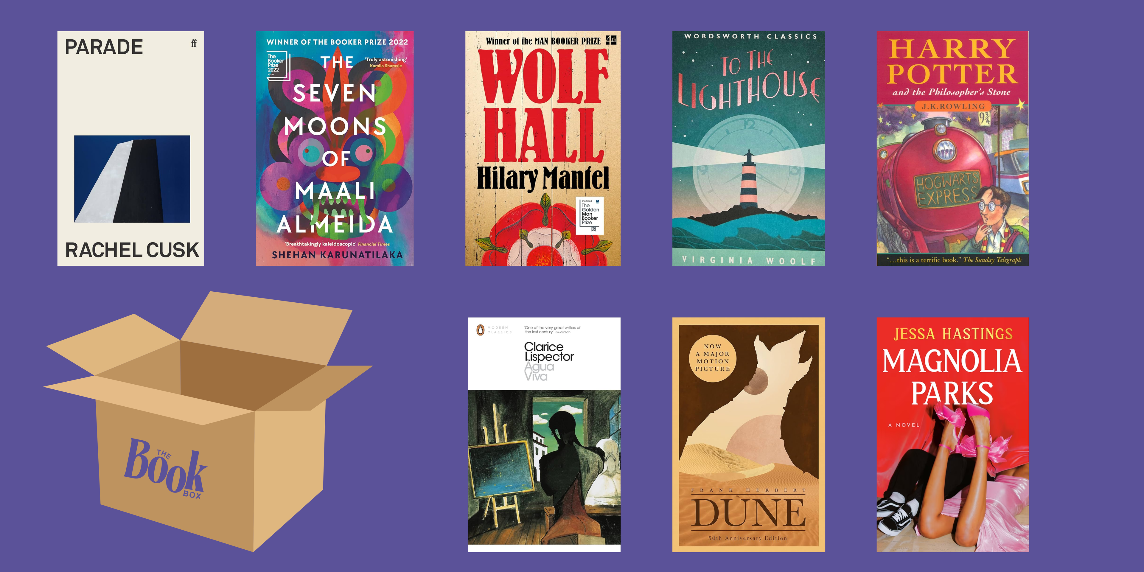 A collection of books on a purple background, with a book subscription box in the corner.