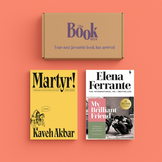 Contemporary fiction book subscription box on coral background, featuring two handpicked literary novels