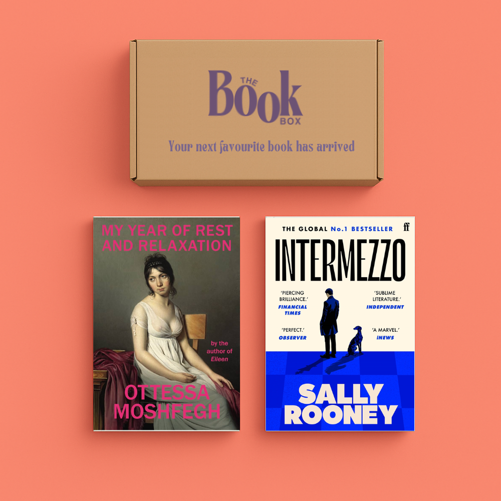 Two modern literary fiction books from the subscription box laid flat on coral backdrop, showcasing vibrant covers of My Year of rest and relaxation and Intermezzo