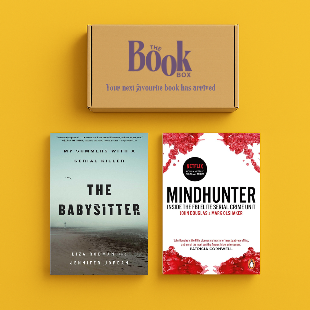 True Crime Book Subscription Box with investigative reads in a dark, moody setting